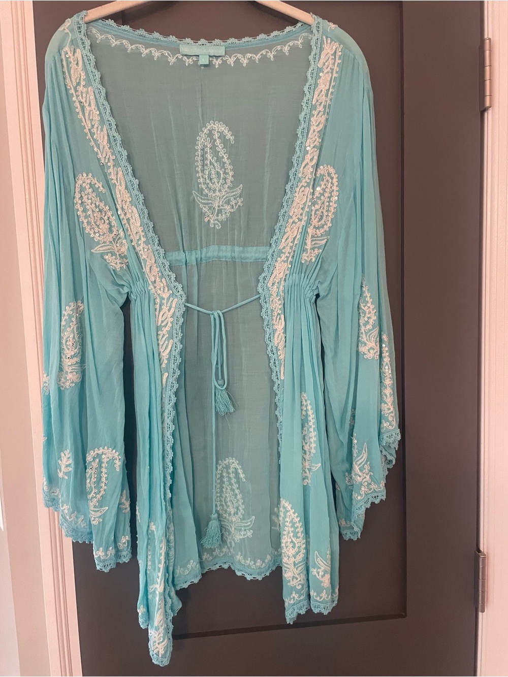 Melissa Odabash Aqua Sheer Embroidered Kimono Top
